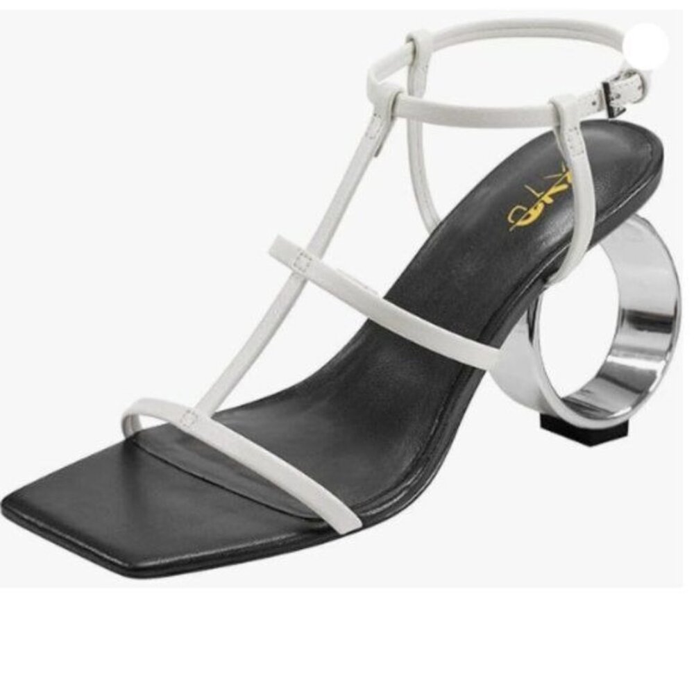 XYD Women Strappy Sandals Metal Circular High Heels Square Open Toe Pumps White